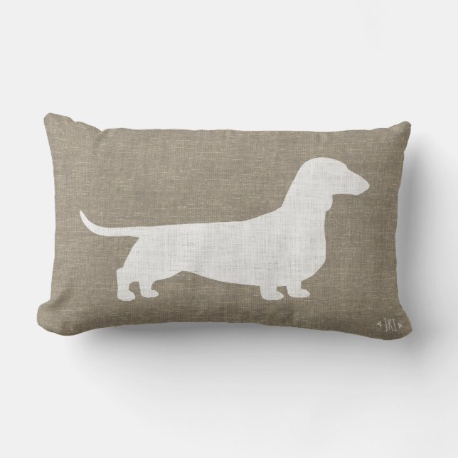 White Dachshund Silhouette Faux Linen Burlap Style Lumbar Pillow (Front)