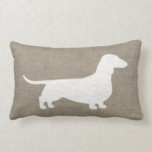 White Dachshund Silhouette Faux Linen Burlap Style Lumbar Pillow