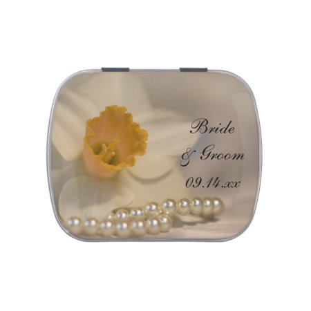 White Daffodil And Pearls Wedding Favor Jelly Belly Candy Tin