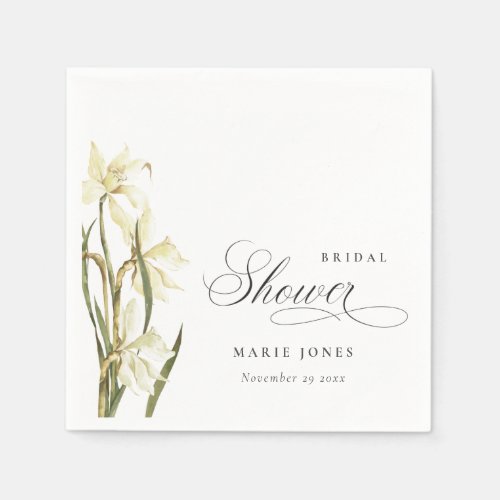 White Daffodil Floral Watercolor Bridal Shower Napkins