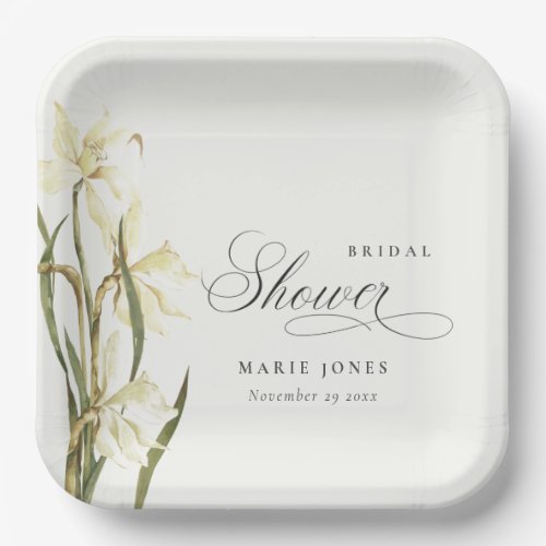 White Daffodil Floral Watercolor Bridal Shower Paper Plates