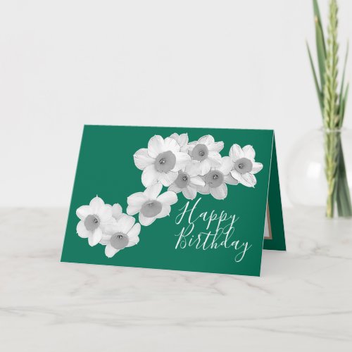 White Daffodils Against Green Color Background Card