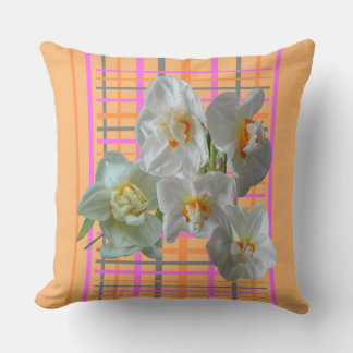 White Daffodils Checkered Pattern Throw Pillow