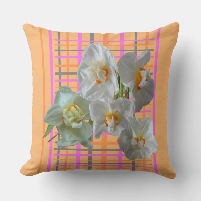 White Daffodils Checkered Pattern Throw Pillow (Front)
