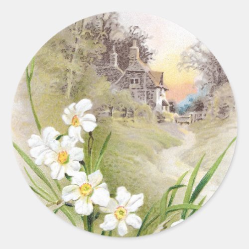 White Daffodils Vintage Easter Classic Round Sticker