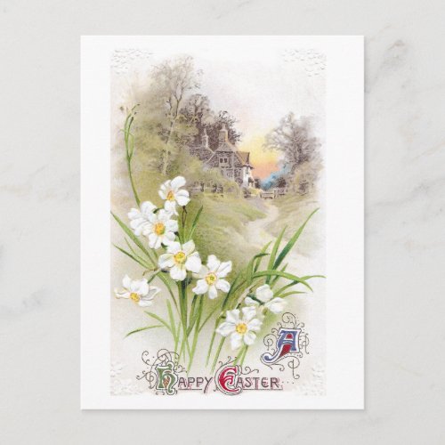 White Daffodils Vintage Easter Holiday Postcard