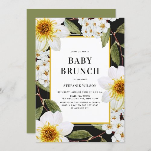 White Dahlia and Spirea Botanical Baby Brunch Invitation