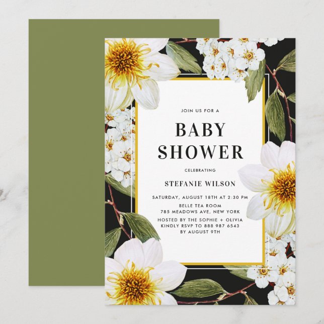 White Dahlia and Spirea Botanical Baby Shower Invitation (Front/Back)