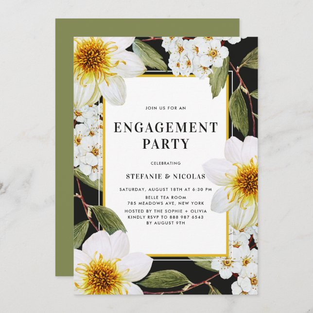 White Dahlia and Spirea Botanical Engagement Party Invitation (Front/Back)