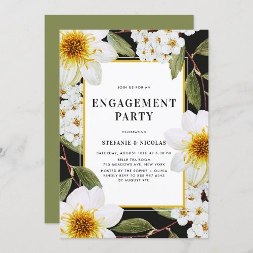 White Dahlia and Spirea Botanical Engagement Party Invitation