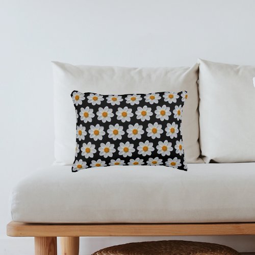 White Dahlia Floral Pattern on Black Accent Pillow
