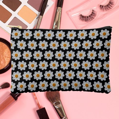 White Dahlia Floral Pattern on Black Accessory Pouch