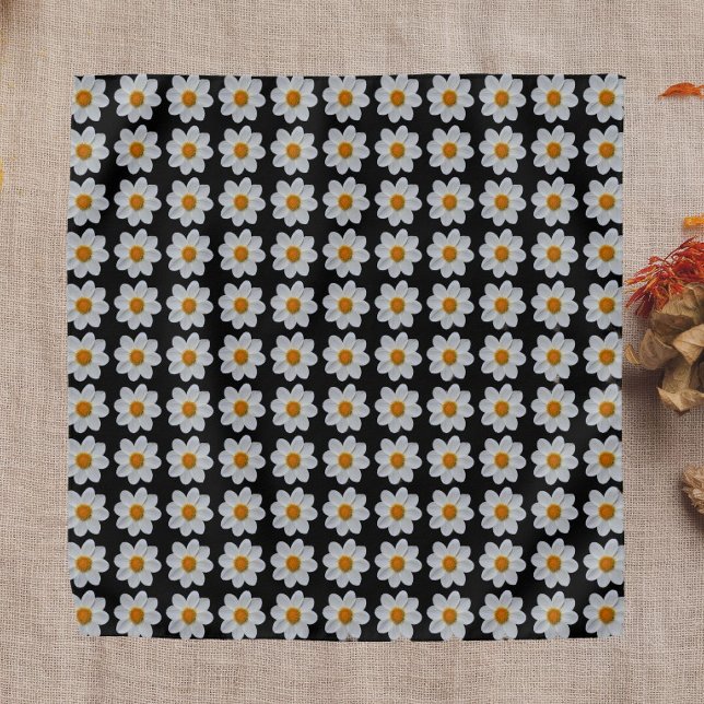 White Dahlia Floral Pattern on Black Bandana (In Situ)