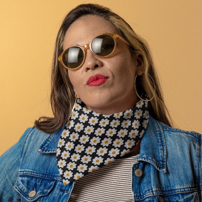 White Dahlia Floral Pattern on Black Bandana (In Situ)