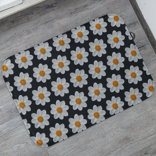 White Dahlia Floral Pattern on Black Bath Mat