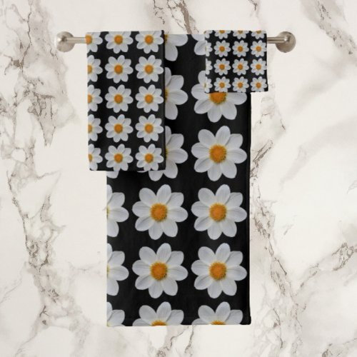 White Dahlia Floral Pattern on Black Bath Towel Set