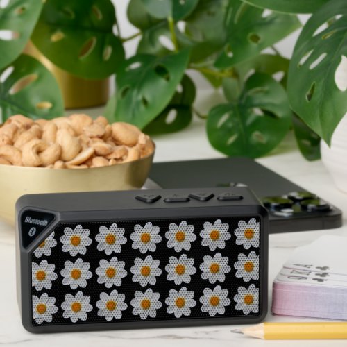 White Dahlia Floral Pattern on Black Bluetooth Speaker