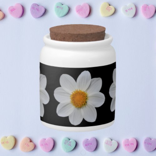 White Dahlia Floral Pattern on Black Candy Jar