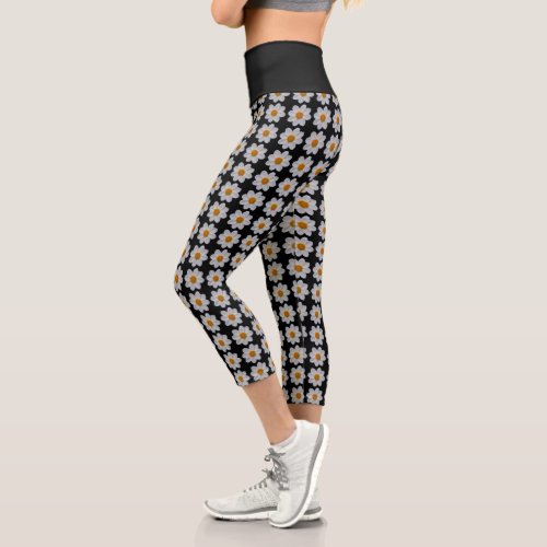 White Dahlia Floral Pattern on Black Capri Leggings