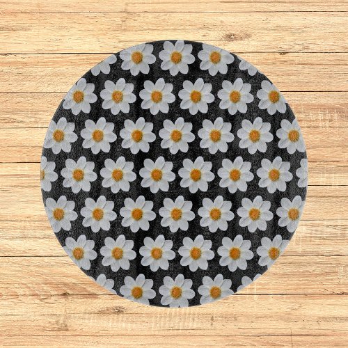 White Dahlia Floral Pattern on Black Cutting Board