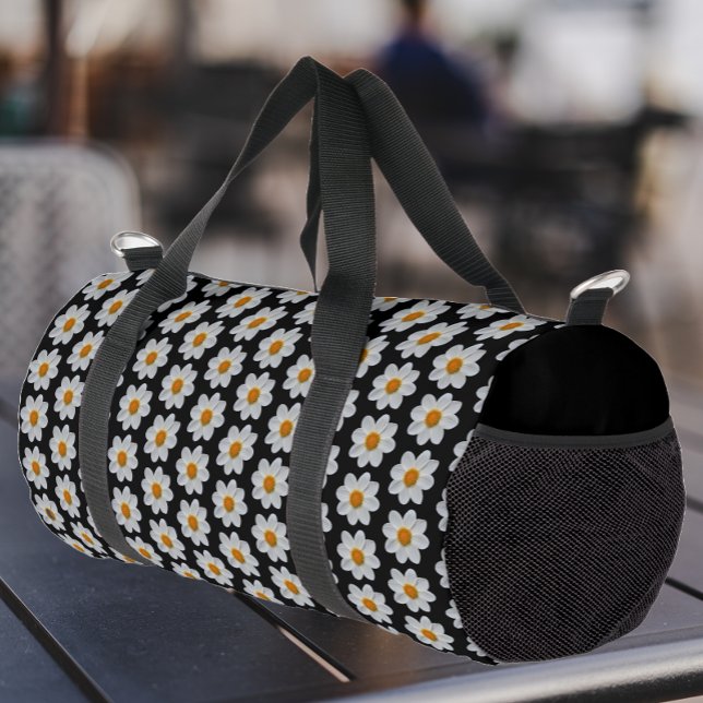 White Dahlia Floral Pattern on Black Duffle Bag (Creator Uploaded)