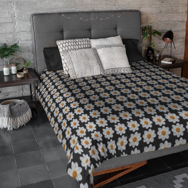 White Dahlia Floral Pattern on Black Duvet Cover (In Situ)