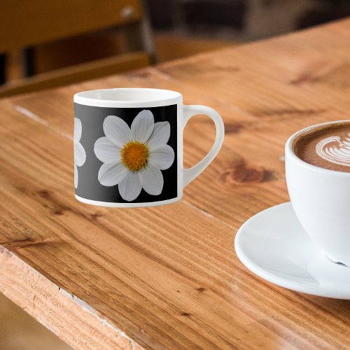 White Dahlia Floral Pattern on Black Espresso Cup