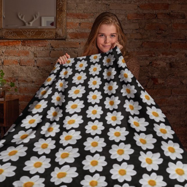 White Dahlia Floral Pattern on Black Fleece Blanket (In Situ Front)