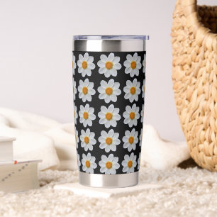 White Dahlia Floral Pattern on Black Insulated Tumbler