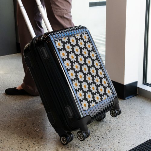 White Dahlia Floral Pattern on Black Luggage