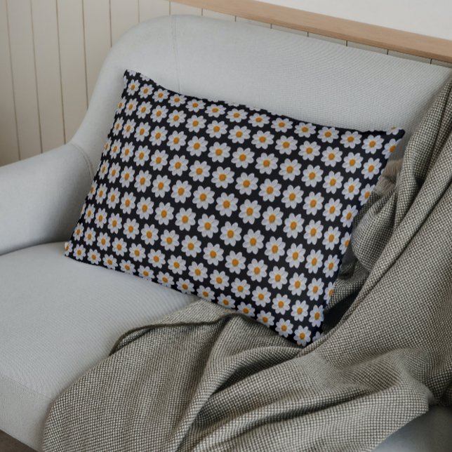 White Dahlia Floral Pattern on Black Pillow Case (In Situ)