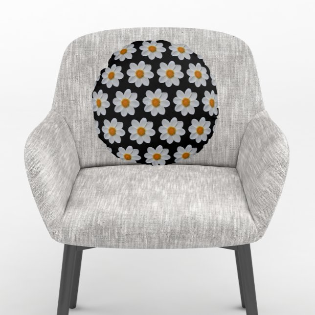 White Dahlia Floral Pattern on Black Round Pillow (In Situ Chair)