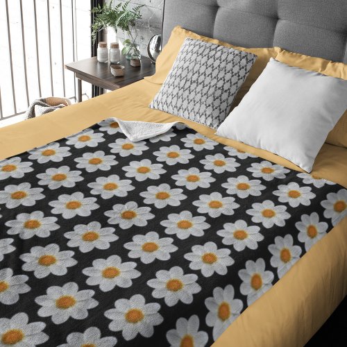 White Dahlia Floral Pattern on Black Sherpa Blanket