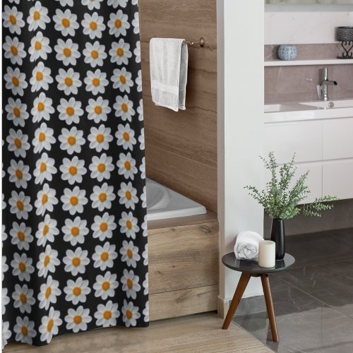 White Dahlia Floral Pattern on Black Shower Curtain