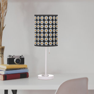 White Dahlia Floral Pattern on Black Table Lamp