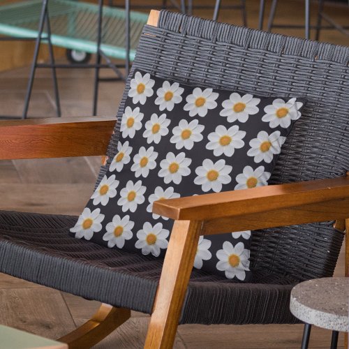 White Dahlia Floral Pattern on Black Throw Pillow