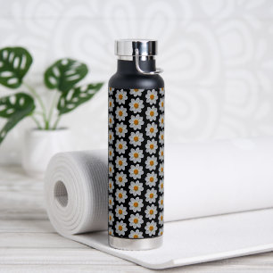 White Dahlia Floral Pattern on Black Water Bottle