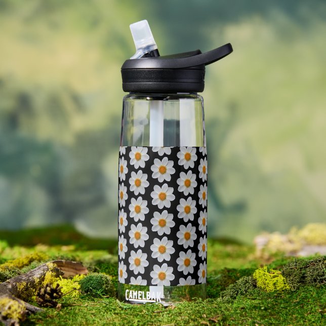 White Dahlia Flower Pattern on Black Water Bottle (Outdoor)