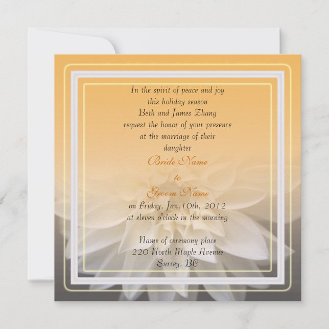 white dahlia  flower wedding invitation (Front)