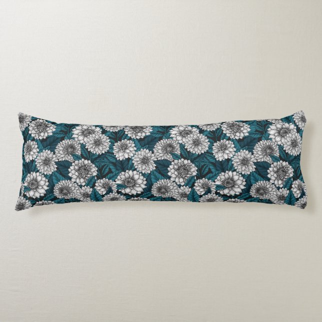 White Dahlia garden/ blue leaves 2 Body Pillow (Front)