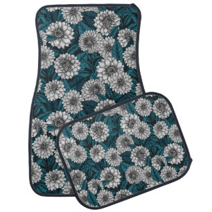 White Dahlia garden/ blue leaves 2 Car Floor Mat