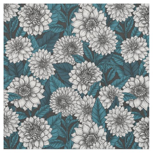 White Dahlia garden/ blue leaves 2 Fabric