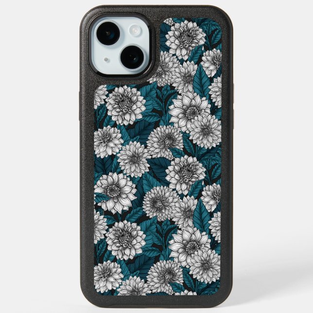White Dahlia garden/ blue leaves 2 iPhone 15 Plus Case (Back)