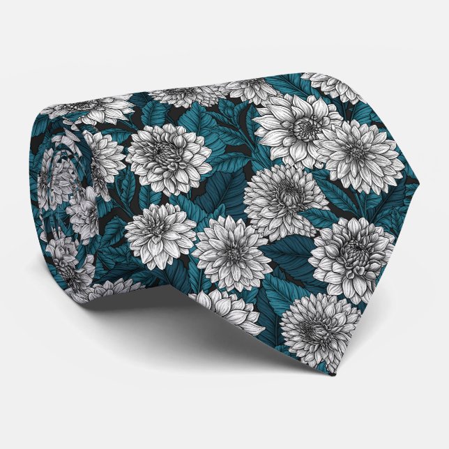 White Dahlia garden/ blue leaves 2 Neck Tie (Rolled)