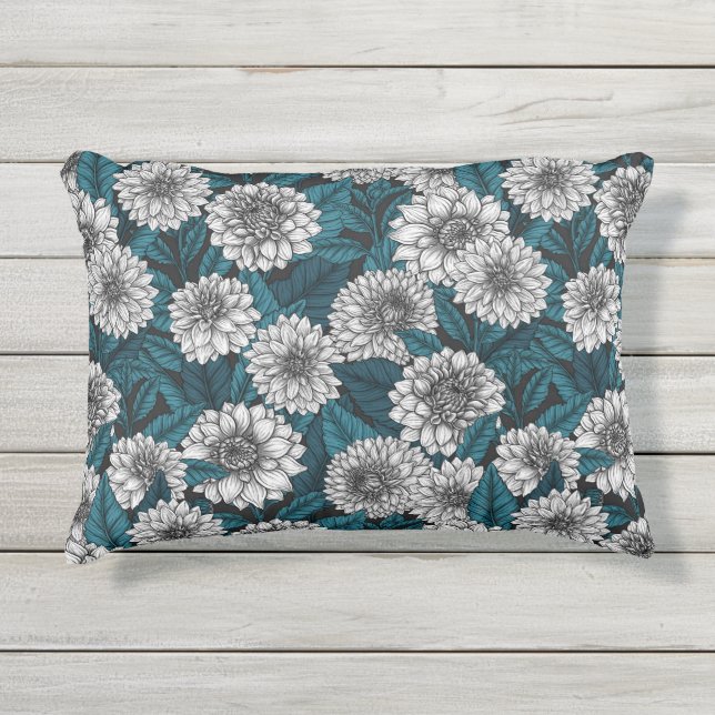 White Dahlia garden/ blue leaves 2 Outdoor Pillow (Front)