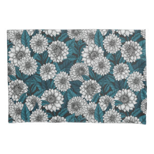 White Dahlia garden/ blue leaves 2 Pillow Case