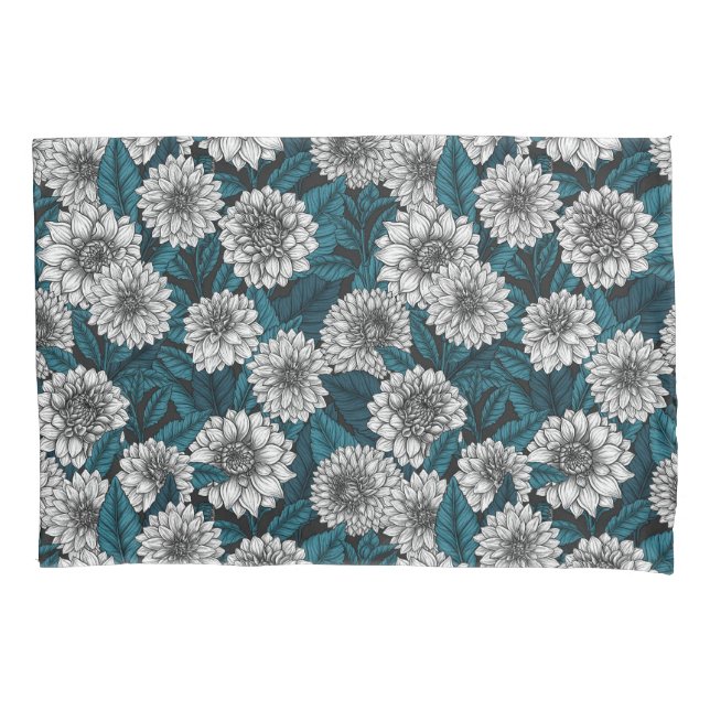 White Dahlia garden/ blue leaves 2 Pillow Case (Front-Left)