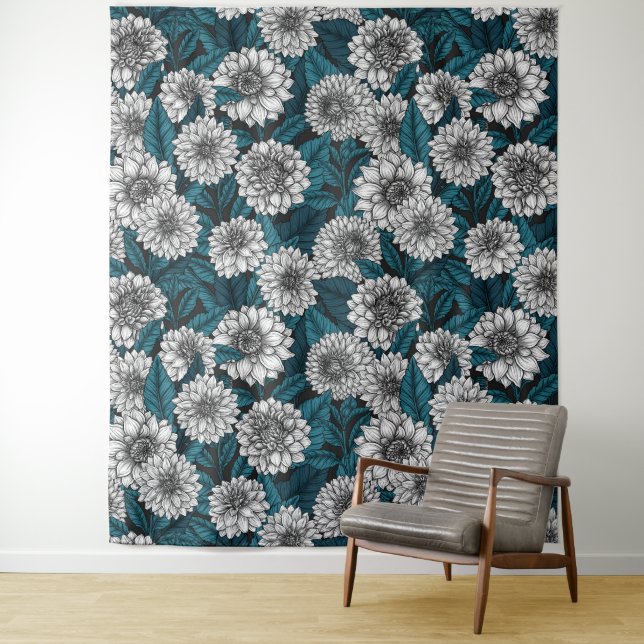 White Dahlia garden/ blue leaves 2 Tapestry (In Situ)