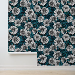 White Dahlia garden/ blue leaves 2 Wallpaper