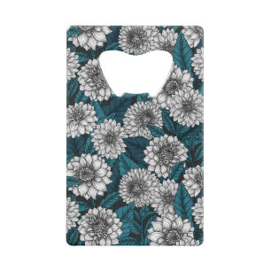 White Dahlia garden/ blue leaves Credit Card Bottle Opener
